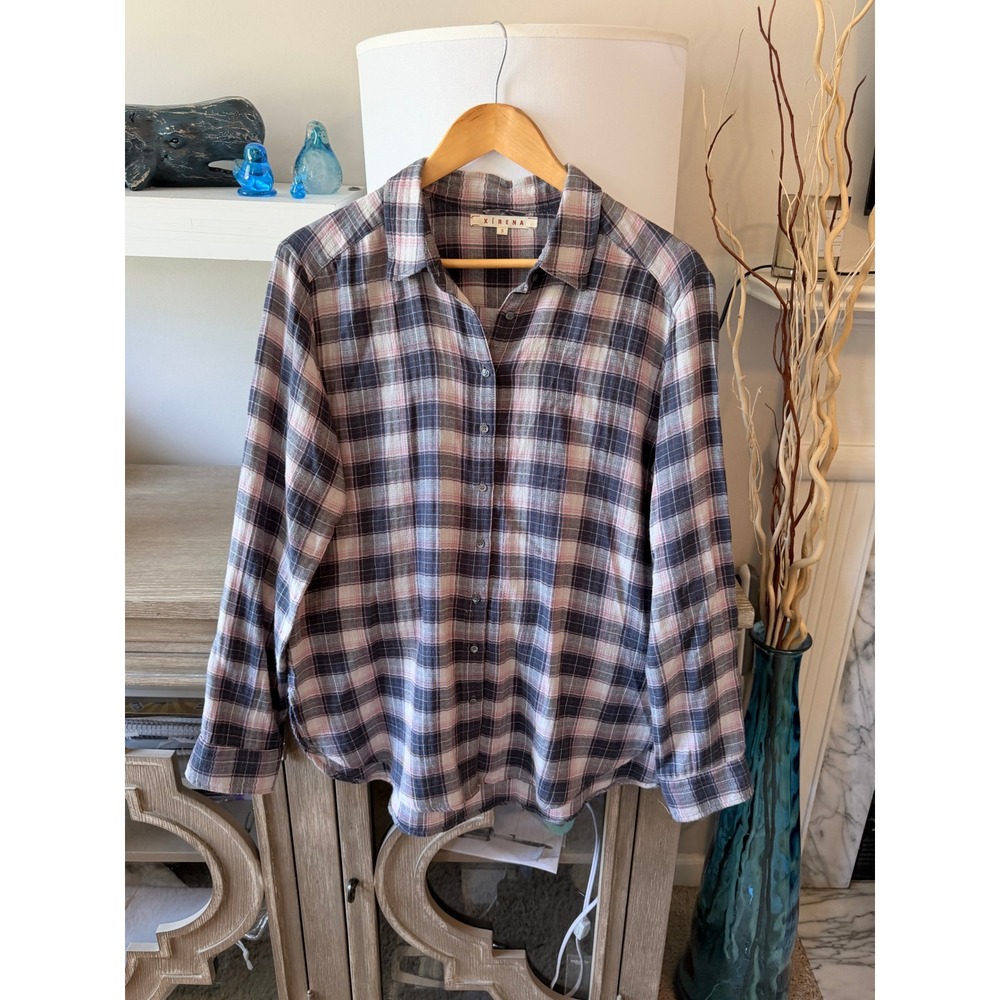 Xirena Plaid Button Down Shirt Womens Navy Pink Size S